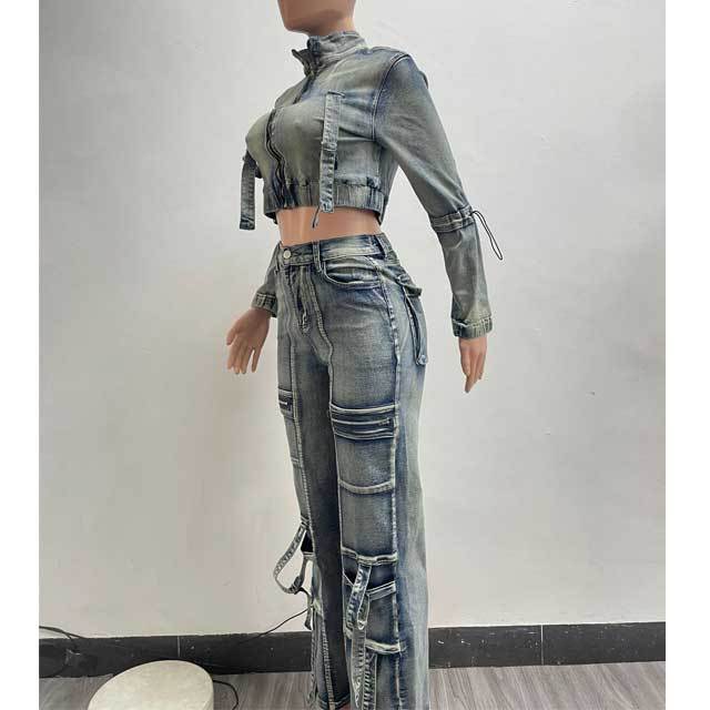 Washed Denim Cargo Jacket Set