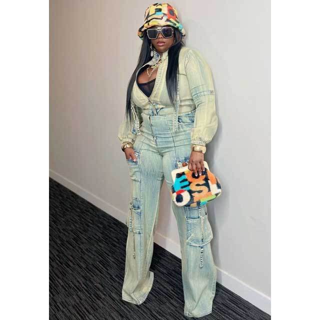 Washed Denim Cargo Jacket Set