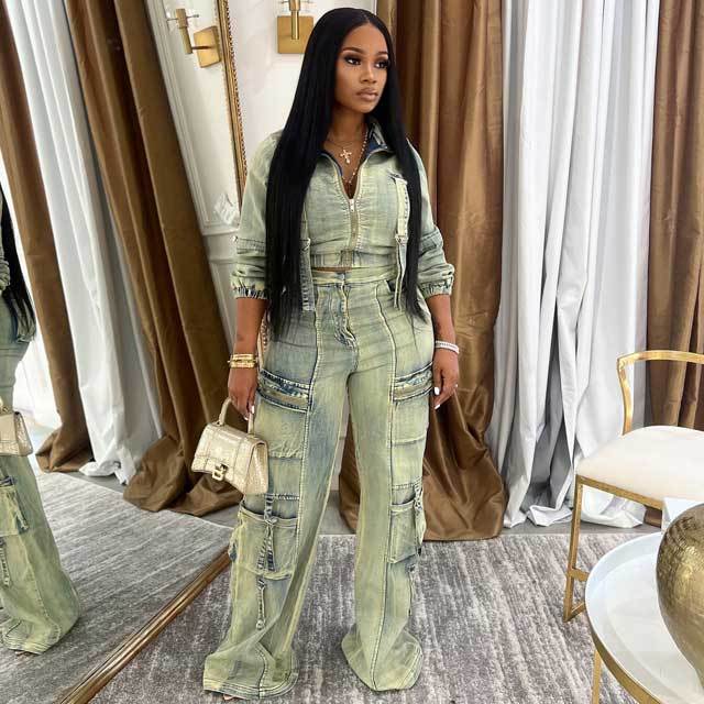 Washed Denim Cargo Jacket Set