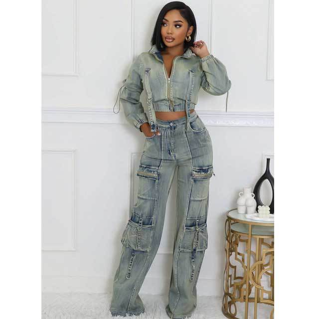 Washed Denim Cargo Jacket Set