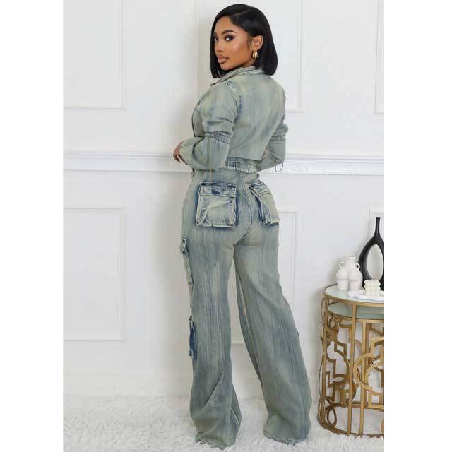 Washed Denim Cargo Jacket Set