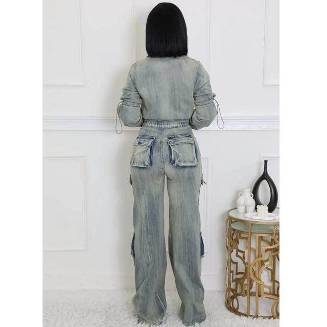 Washed Denim Cargo Jacket Set