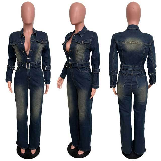 Washed Denim Vintage Cargo Jumpsuit