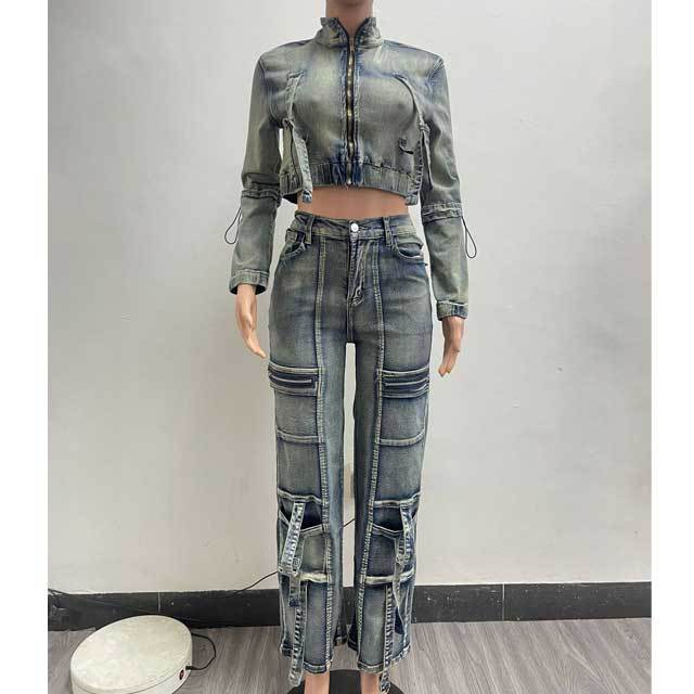 Washed Denim Cargo Jacket Set