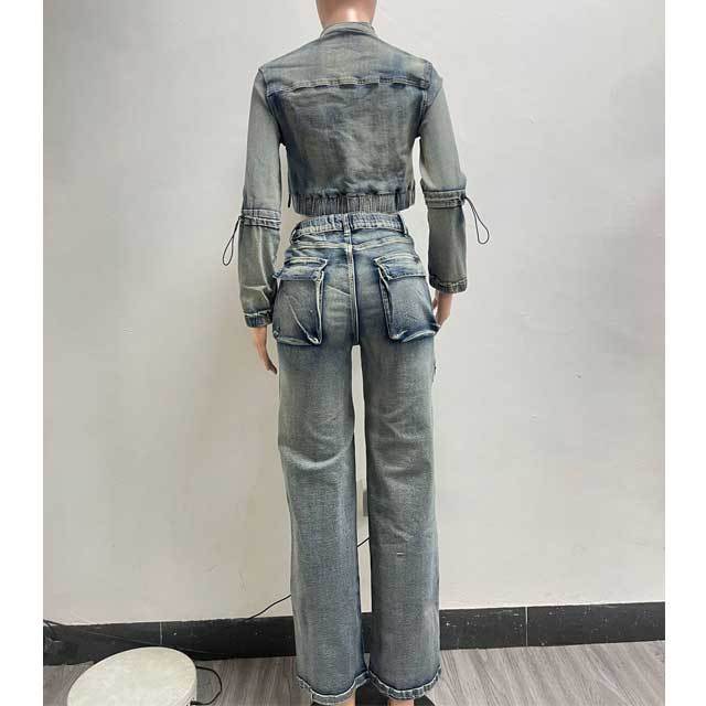 Washed Denim Cargo Jacket Set
