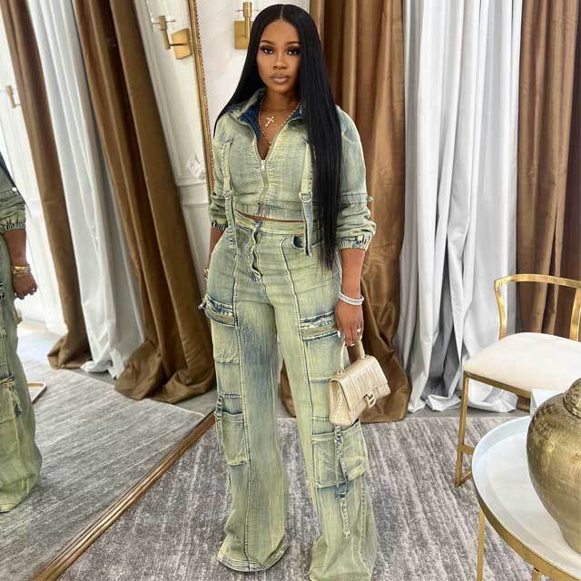 Washed Denim Cargo Jacket Set