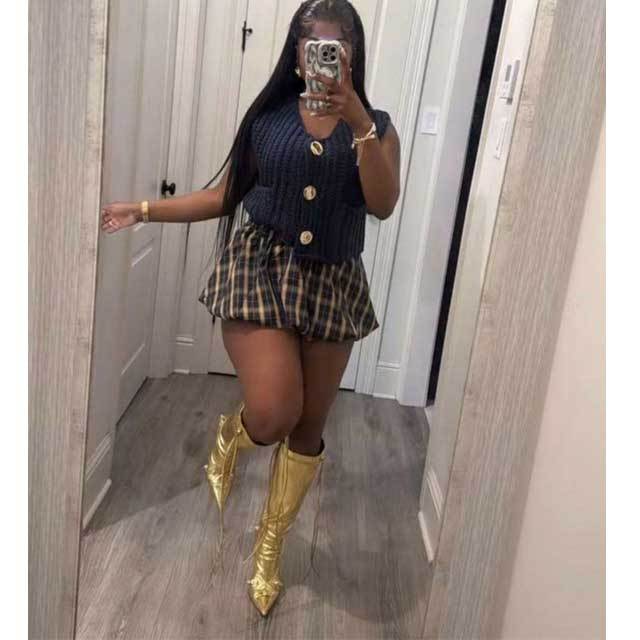 Knit Vest Top Plaid Bubble Skirt Set