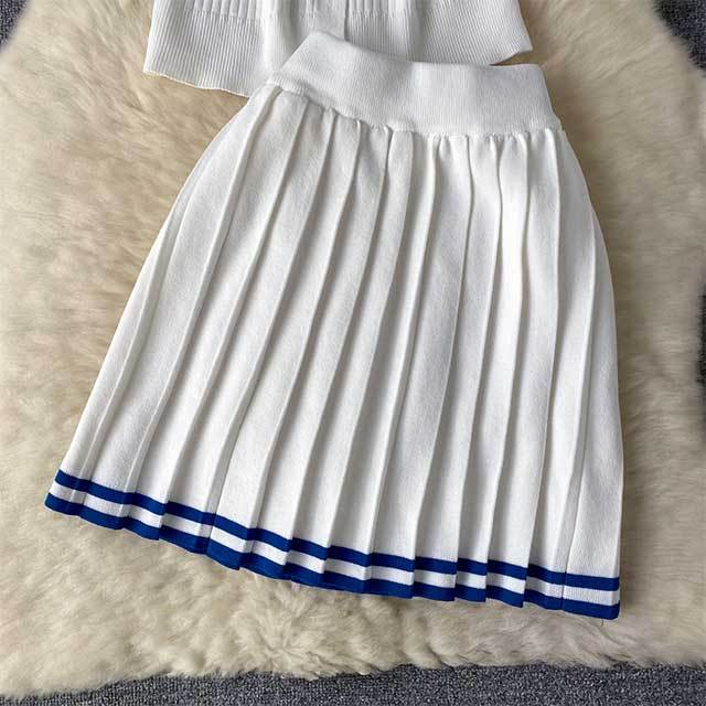 Contrast Color Knitting Pleated Skirt Set