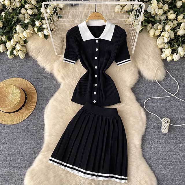 Contrast Color Knitting Pleated Skirt Set