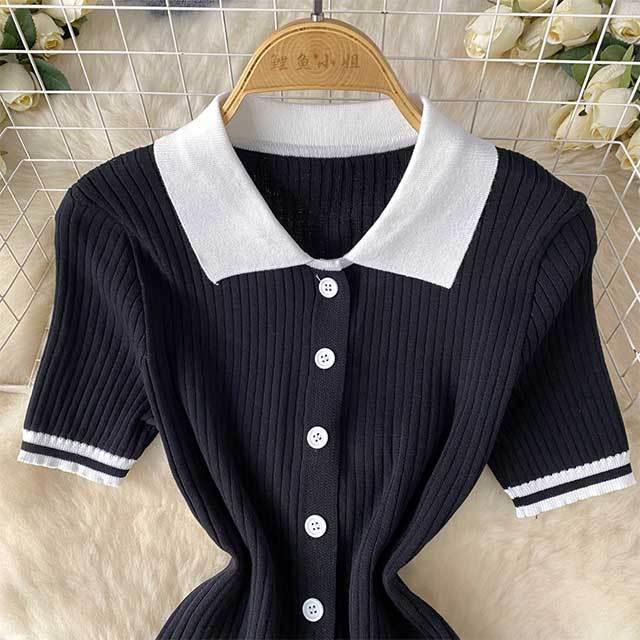 Contrast Color Knitting Pleated Skirt Set