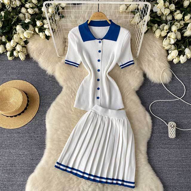 Contrast Color Knitting Pleated Skirt Set