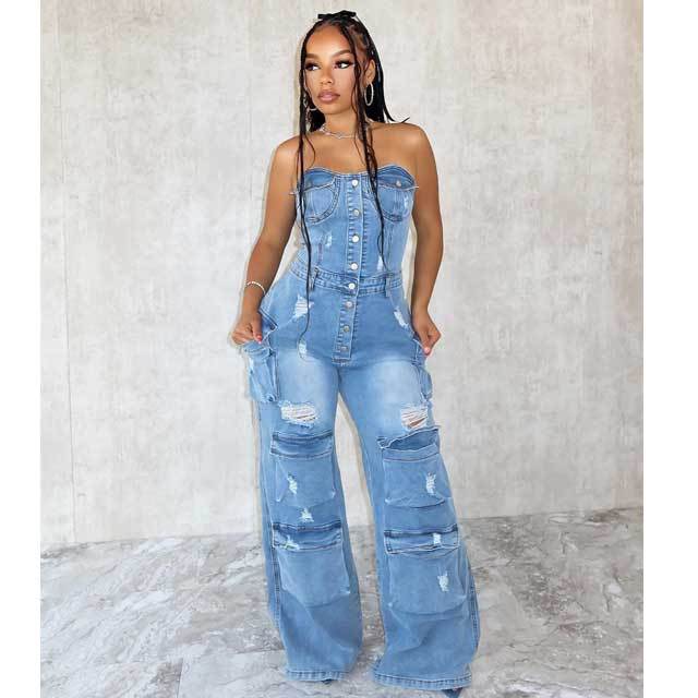 Strapless Ripped Denim Cargo Jumpsuit