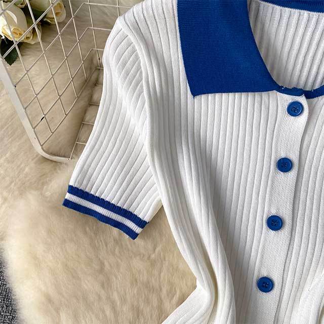 Contrast Color Knitting Pleated Skirt Set
