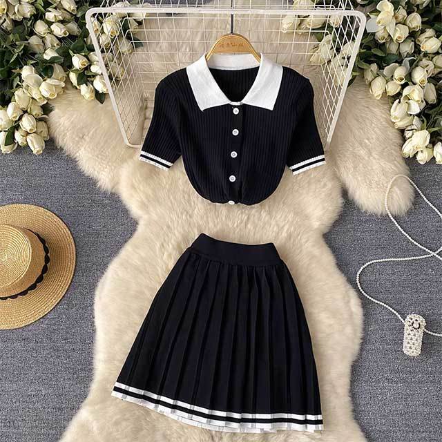 Contrast Color Knitting Pleated Skirt Set