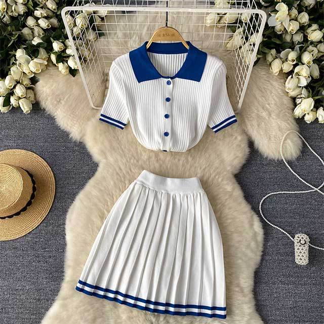 Contrast Color Knitting Pleated Skirt Set