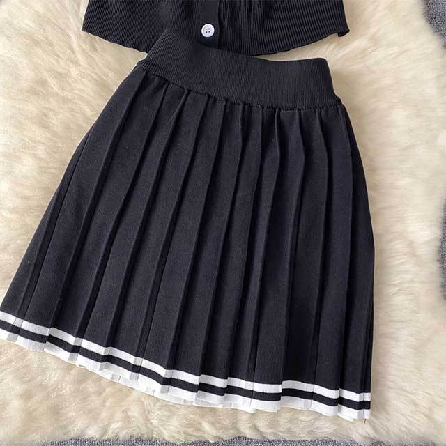 Contrast Color Knitting Pleated Skirt Set