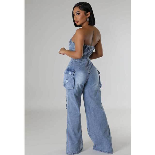 Strapless Ripped Denim Cargo Jumpsuit
