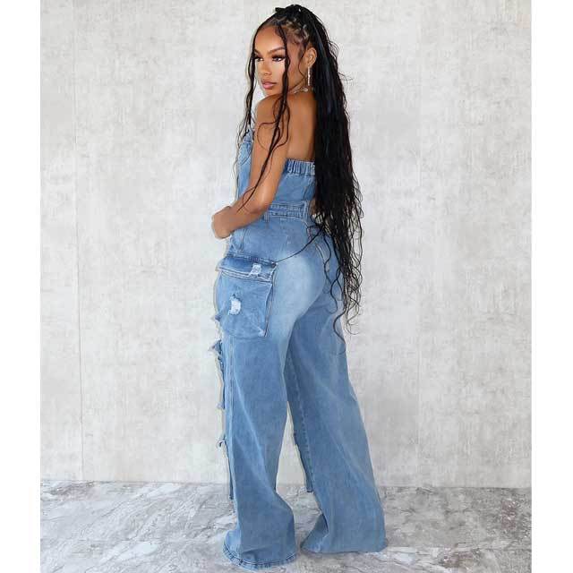 Strapless Ripped Denim Cargo Jumpsuit
