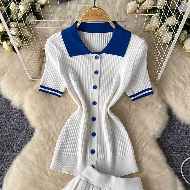 Contrast Color Knitting Pleated Skirt Set