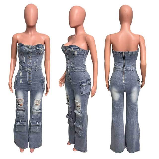 Strapless Ripped Denim Cargo Jumpsuit