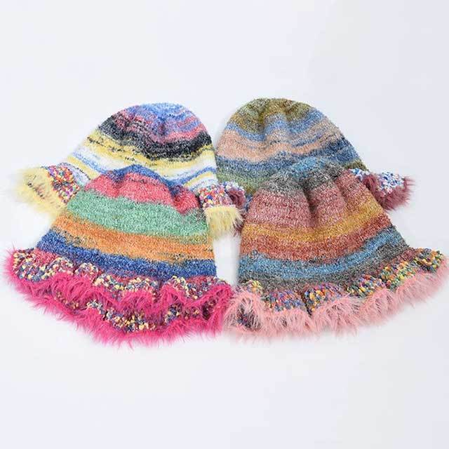Rainbow Gradient Knitted Bucket Hat