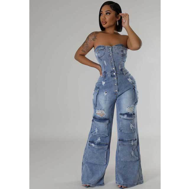 Strapless Ripped Denim Cargo Jumpsuit