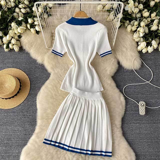Contrast Color Knitting Pleated Skirt Set
