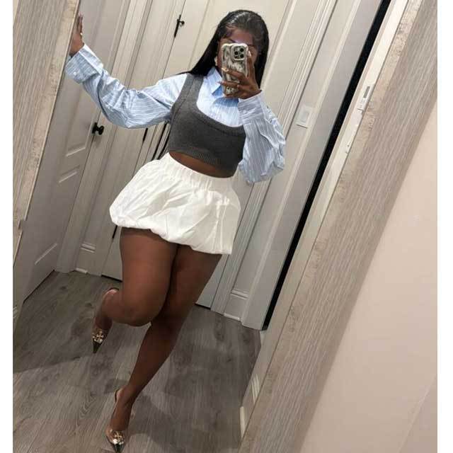 Long Sleeve Shirt Top Bubble Skirt Set