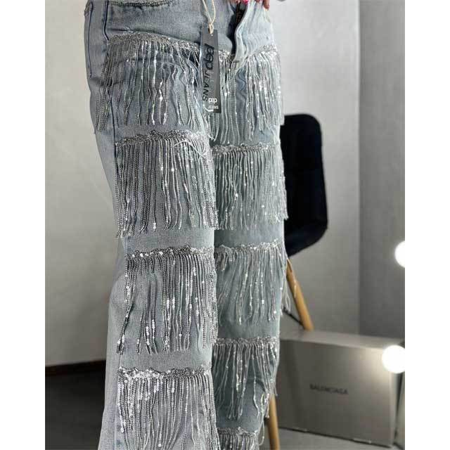 Sequin Tassel Boyfriend Jeans