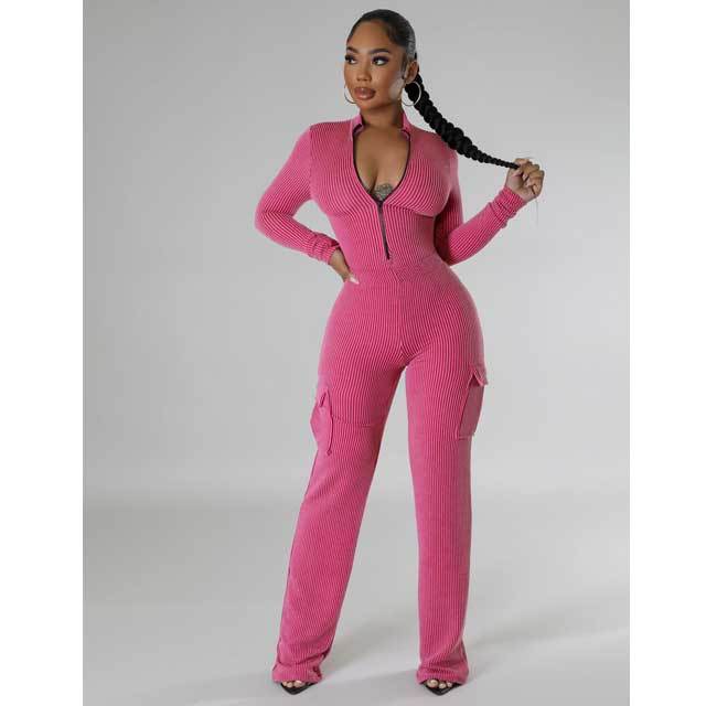 Jacquard Zipper Bodysuit Cargo Pants Set