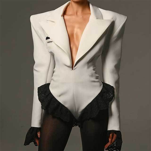 Plunging V Neck Lace Patchwork Bodysuit