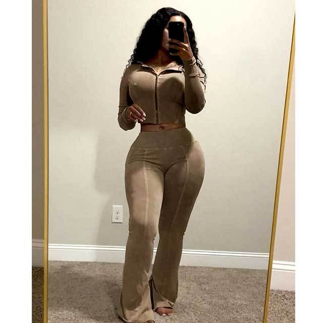 Washed Distressed Hooded Top Bell Pants Set