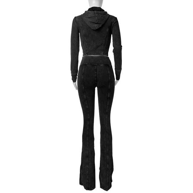 Washed Distressed Hooded Top Bell Pants Set