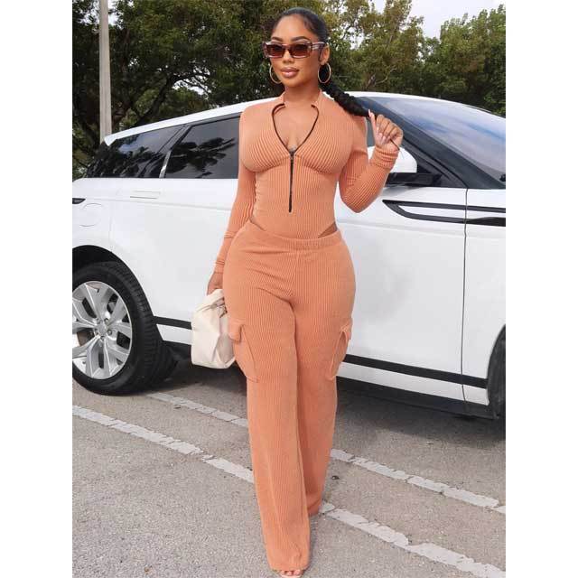 Jacquard Zipper Bodysuit Cargo Pants Set