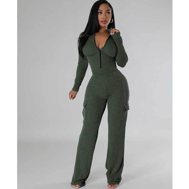 Jacquard Zipper Bodysuit Cargo Pants Set