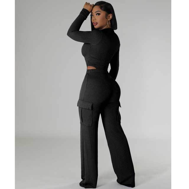 Jacquard Zipper Bodysuit Cargo Pants Set