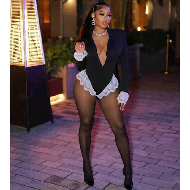 Plunging V Neck Lace Patchwork Bodysuit