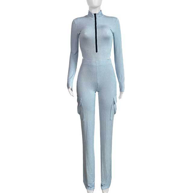Jacquard Zipper Bodysuit Cargo Pants Set