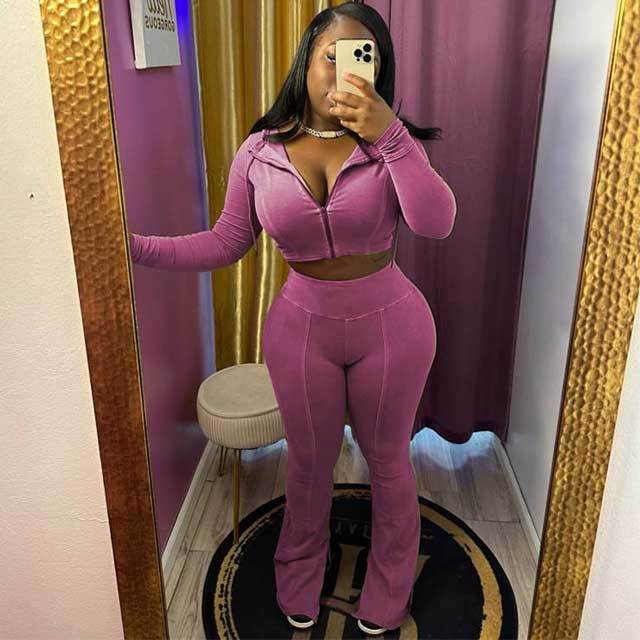 Washed Distressed Zipper Top Skinny Slit Pants Set