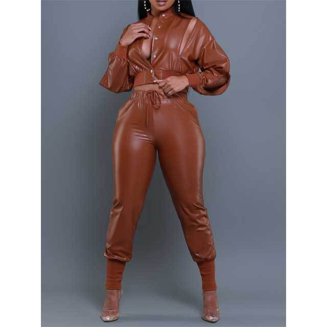 Leather Slit Top Casual Pants Set
