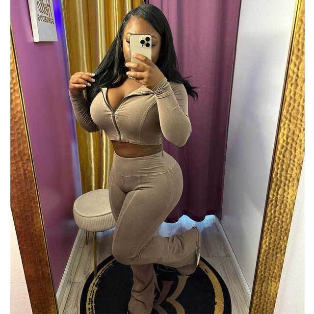 Washed Distressed Zipper Top Skinny Slit Pants Set