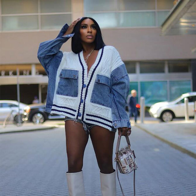 Denim Patchwork Knitted Cardigan