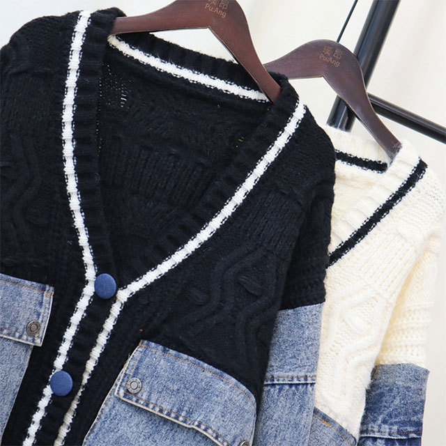 Denim Patchwork Knitted Cardigan