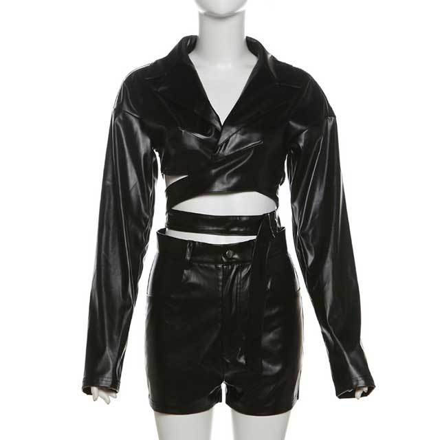Leather Hollow Out Top Short Set