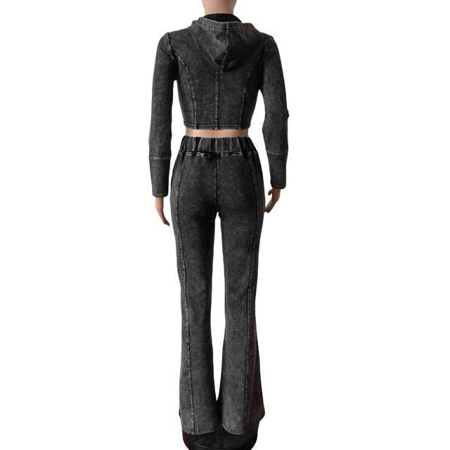 Washed Distressed Zipper Top Skinny Slit Pants Set