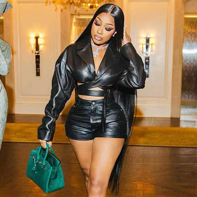 Leather Hollow Out Top Short Set