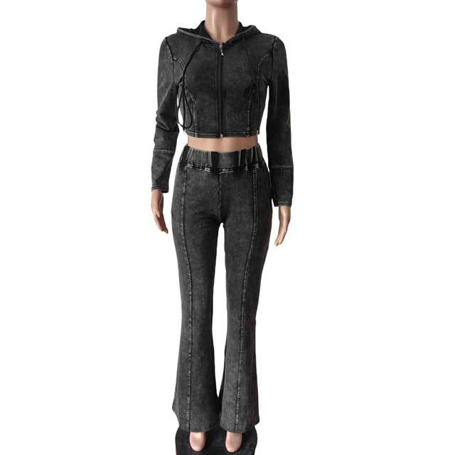 Washed Distressed Zipper Top Skinny Slit Pants Set