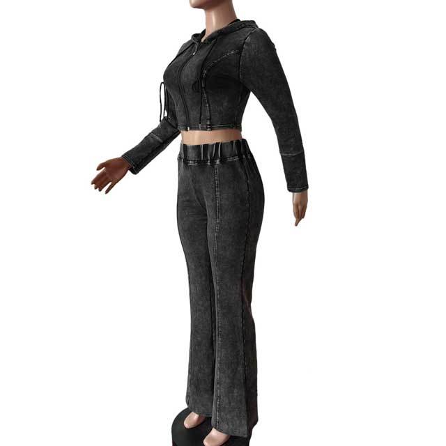 Washed Distressed Zipper Top Skinny Slit Pants Set