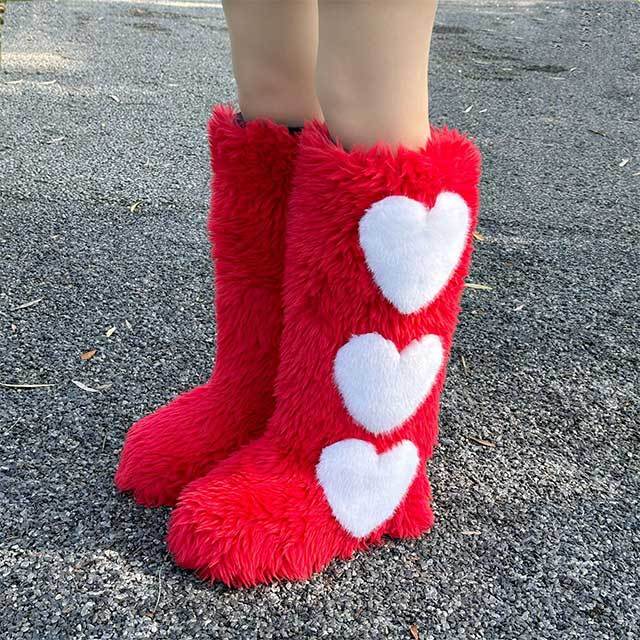 Heart Design Flat Fuzzy Boots