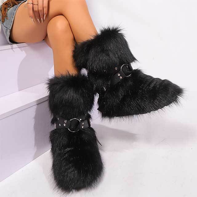 Cross Belt Buckle Furry Ankle Boots